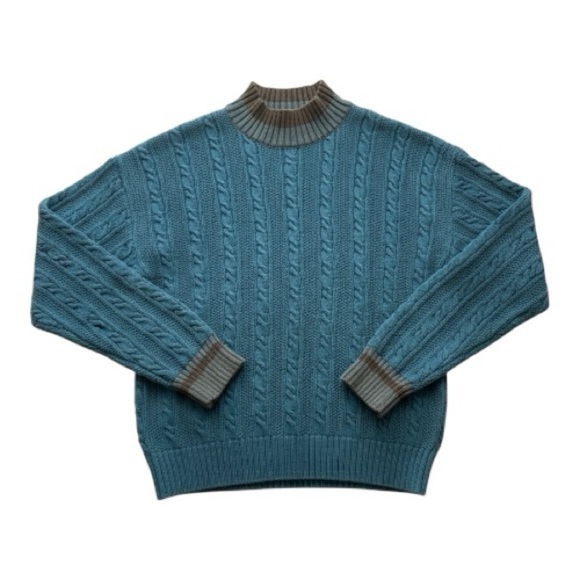 Vintage‎ 90s Eddie Bauer 100% Cotton Teal Blue Cable Knit Fisherman Sweater XL